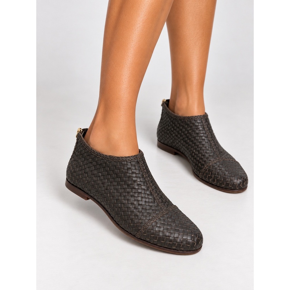 Guilhermina Anthropologie Brown Woven Leather Ankle Booties Back Zip Flat 5 M